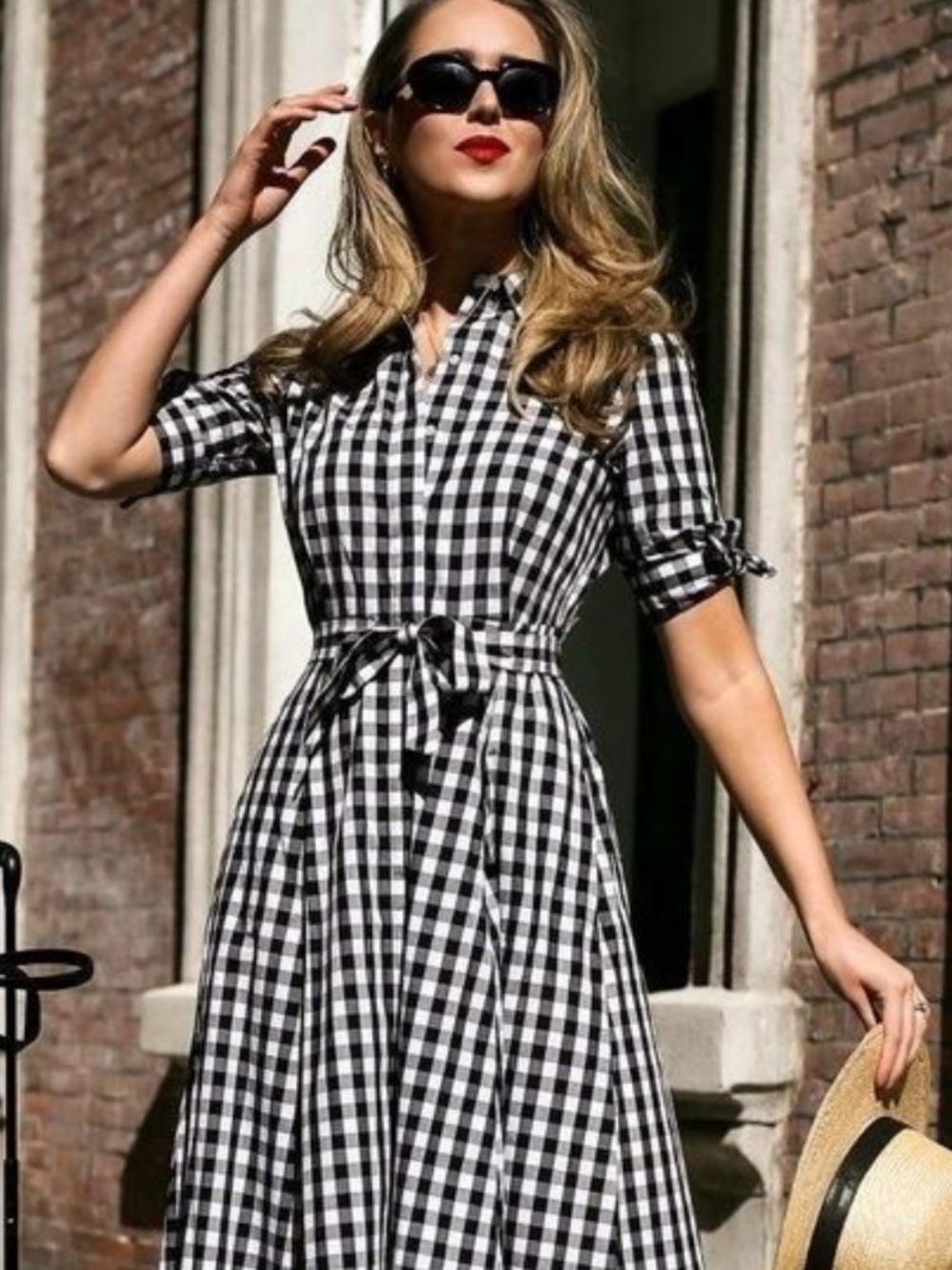 Calvin Klein Black and White Gingham Midi Shirt Dress